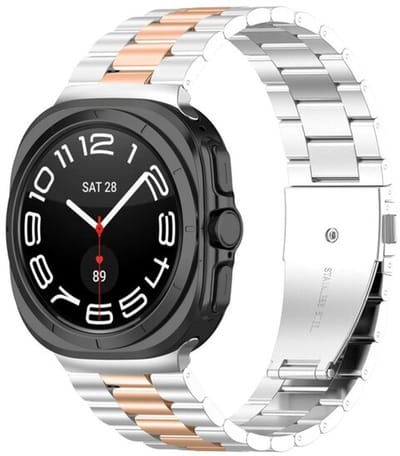 By Qubix - smartwatch bandje - Compatible Samsung bandje - Stalen schakelband - Zilver met champagne goud - Geschikt voor Samsung Galaxy Watch 9 (40/44mm) - Watch 8 (40/44mm) - Watch 8 Classic (46mm)
