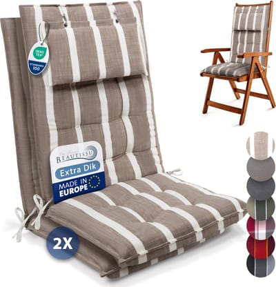 Beautissu Sun-HL – Set van 2 Premium Hoge Rugleuning Stoelkussen 120x50 cm – UV-bestendig – 8cm Dik – met Hoofdkussen & Bevestigingsbanden – Antislip – Beige Wit Gestreept