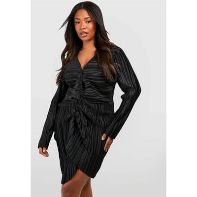 boohoo Dames Plus Wide Plisse Twist Front Wrap Jurk | Black | Maat: 16