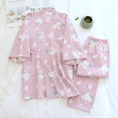 Kimono Katoen Frisse Stijl Pyjama Pak Vrouwelijk Casual Lente en Zomer Pyjama Pyjama Tweedelig Huispak M white