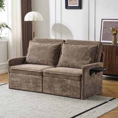 OKWISH Slaapbank 172,5 Cm - 2-Zits Met Verstelbare Rugleuning En Slaapfunctie - Met Opbergvakken En USB Type C - Chenille - Bruin