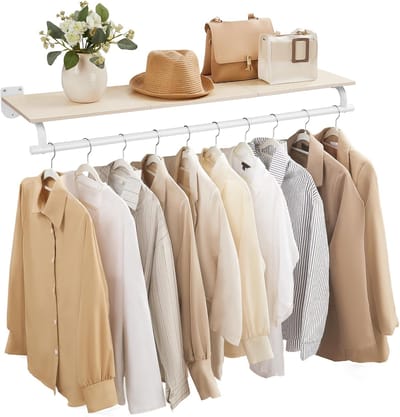 Furnstar Wandgarderobe - Wandrek met Kledingstang - Totale Belastbaarheid 60 kg - Natuurlijk beige + wolkenwit - 28 x 109 x 13,2 cm - Voor Slaapkamer, Kleedkamer of Entree