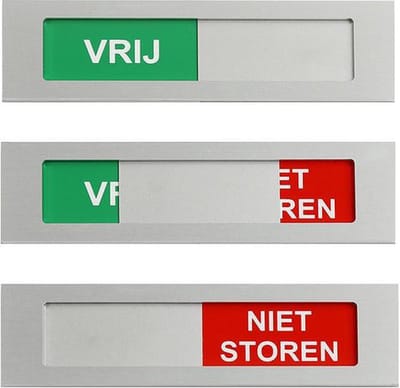 Vrij - niet storen schuifbordje - 130 mm x 35 mm x 4 mm - Met aluminium schuifje - Bevestiging dubbelzijdige plakstrip over de gehele achterzijde - Promessa-Design.