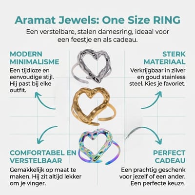 Aramat Jewels | Ringen | Brede Damesring Verstelbaar – Groot Open Hartje – One Size | Multikleurig | |19mm | Staal | Volwassenen | Verkleurd niet