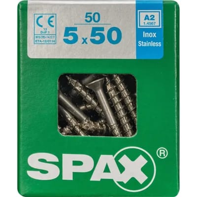 Spax spaanplaatschroeven. RVS-A2. 5.0 x 50mm. lang. Platkop-T0rx-T20. 50 stuks.
