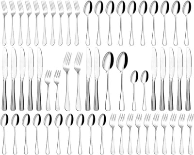 Bestekset voor 12 personen, 60-delige roestvrijstalen bestekset, hoogglans gepolijst en vaatwasmachinebestendig, elegant eetbestek, met mes, vork, lepel, voor thuis, feest, restaurant- zilver