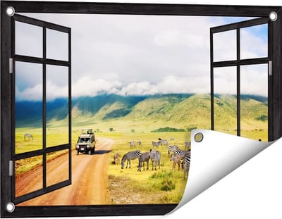 Gards Tuinposter Doorkijk Safari Auto tussen de Zebra's - 60x40 cm - Tuindoek - Tuindecoratie - Wanddecoratie buiten - Tuinschilderij
