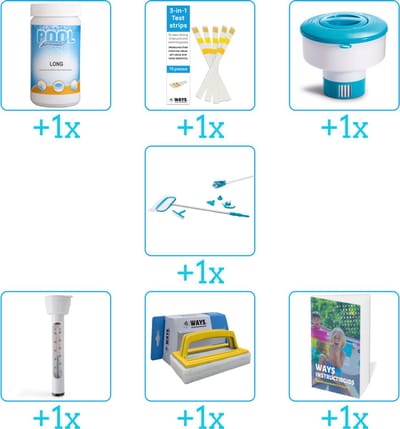 Zwembad Onderhoudspakket - Onderhoud Zwembad - bevat Chloor - Testrips - Chloordrijver - Schoonmaakset - Thermometer - Scrubborstel en Zwembadgids (7-delig)