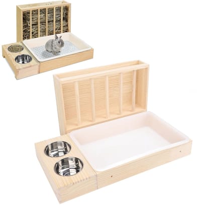 Store_9 - Konijnenhooivoerbak - Houten hooirek met kattenbak - Ideaal voor kleine dieren - Roestvrij staal - Voerbak met 2 kommen - Geschikt voor c...