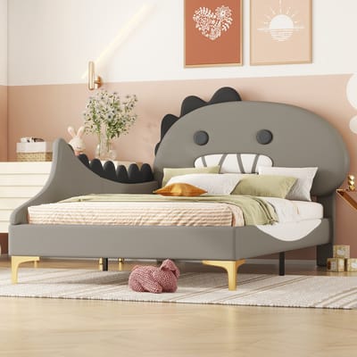 REDOM Kinderbed 90x200 cm van PU/MDF – Met cartoon dinosaurushoofdeinde – Grijs