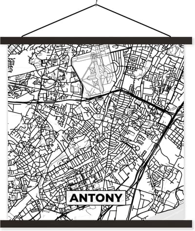 Posterhanger incl. Poster 60x60 cm - Schoolplaat - Plattegrond - Antony - Kaart - Frankrijk - Stadskaart - Zwart wit - Textielposter - Zwarte latten - Stadskaart
