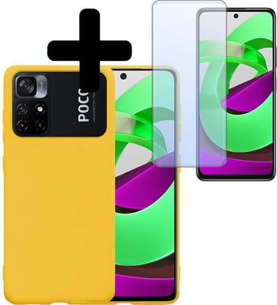 Hoesje - Met Screenprotector - Geschikt voor Xiaomi Poco M4 Pro 5G - Sterk & Shockproof - Back Cover - Siliconen Case - Telefoon Hoes - Telefoonhoesjes - Geel