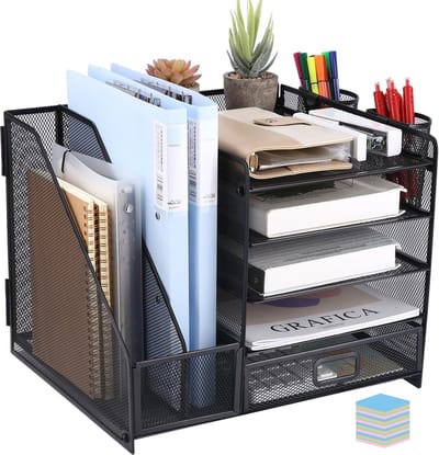 5 etages mesh bureau-organizer met lade, multifunctionele bureau-organizer en accessoires met 2 tijdschriftenrekken 1 plaknotitie, papieren brievenbakjes met 5 opbergvakken