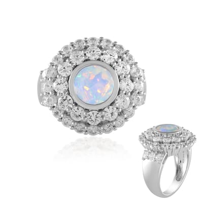 Cavill - Zilveren ring 925 Sterling zilver, geplatineerd - Welo-opaal 0,93 ct rond - Cambodjaanse zirkonia 4,57 ct - Elegant, uniek design maat 16-20