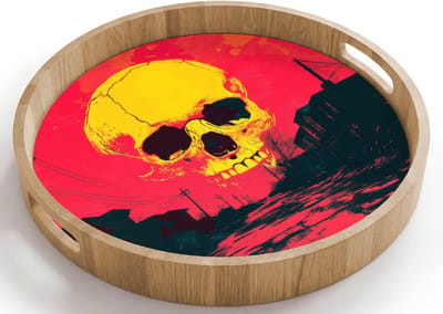 Dienblad rond 40x40 cm - Schootdienblad hout - Straat - Verlaten - Schedel - Geel - Borrelplank rechthoek - Plateau houten dienbladen