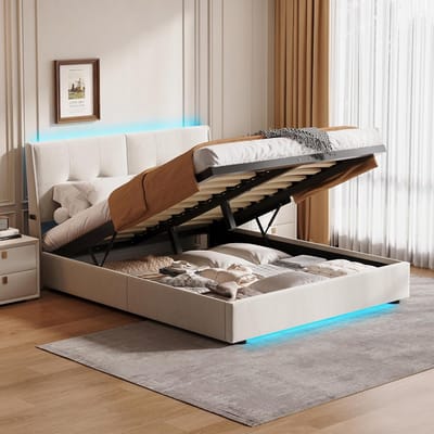 Tweepersoonsbed 140x200 cm met LED-verlichting en opbergruimte, fluwelen bed met hoofdeinde, 140 cm bed zonder matras