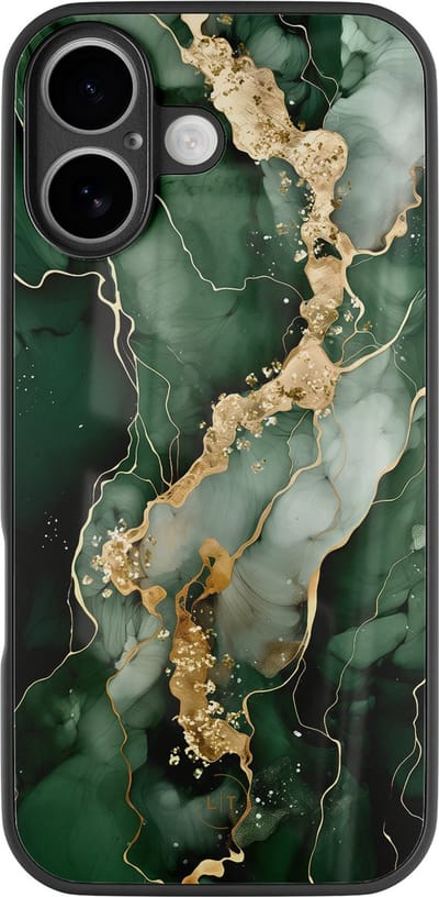 Hoesje geschikt voor iPhone 17 - Marmer groen goud - Luxe Glazen Hardcase - Marmer - Groen, Goud - Leuke Telefoonhoesjes