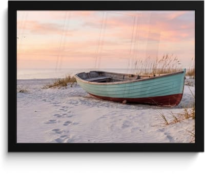 Poster in lijst - Fotolijst 40x30 cm - Posters - Rustiek - Roeiboot - Zandstrand - Posterlijst zwart - Decoratie - Wanddecoratie woonkamer - Muurdecoratie slaapkamer