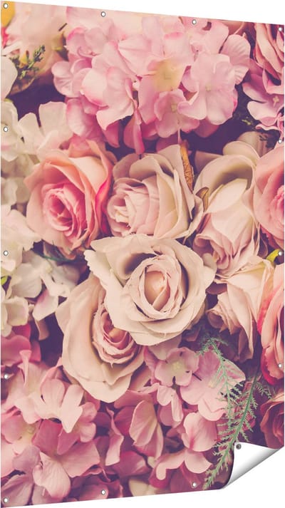 Gards Tuinposter Roze Rozen Achtergrond - Retro - Bloemen - 120x180 cm - Tuindoek - Tuindecoratie - Wanddecoratie buiten - Tuinschilderij