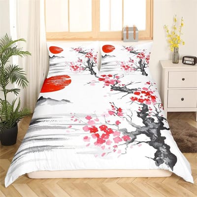 Kersenbloesem Beddengoedset Bloementak Dekbedovertrek Japanse Stijl Botanische Landschapsschilderijen Dekbedovertrek Slaapkamerdecoratie EU single(135x200cm)