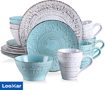 LooMar Luxe Serviesset – 16 delig – 4 persoons – Porselein - Bordenset – Dinner platen – Dessertborden - Kommen - Mokken - Set - Blauw - Wit