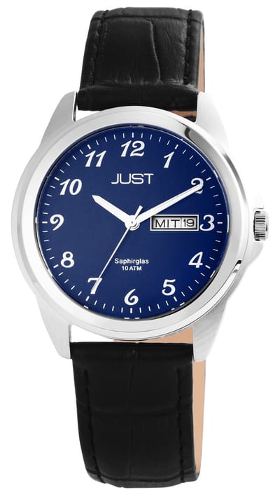 JUST Herenhorloge Echt leer Garrick, zilverkleurig, datumweergave