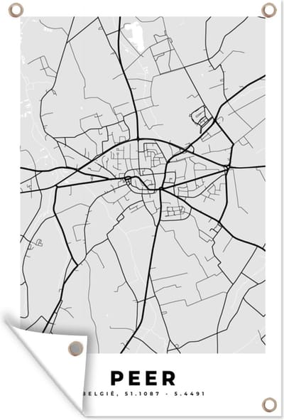 Muurdecoratie België – Peer – Stadskaart – Kaart – Zwart Wit – Plattegrond - 120x180 cm - Tuinposter - Tuindoek
