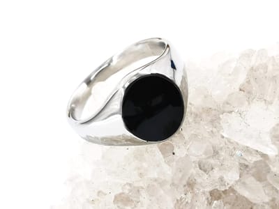 Zegelring - kinderen - Roestvrij staal - maat 14.5 - zilverkleurig - zwart steen - ovale design - Geschenken - eerste ring - Communie ring.
