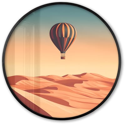 Poster in lijst Rond - Fotolijst 60x60 cm - Posters - Luchtballon - Woestijn - Zonsondergang - Blauw - Ronde posterlijst zwart - Decoratie - Wanddecoratie woonkamer - Muurdecoratie slaapkamer