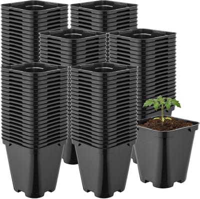 Garronda Set van 100 afgeronde vierkante kunststof kweekpotten met drainagegaten voor tuin (Zwart, 9 x 9 x 9,6 cm (0,5L)) GD-KW-SR