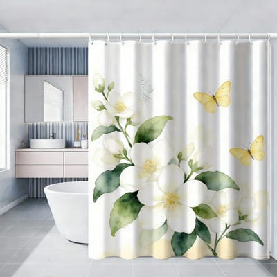 Witte Jasmijn Waterverf Bloemen met Gele Vlinders Waterdicht Douchegordijn 1pc-90x180
