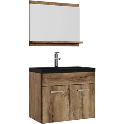 Badplaats Badkamermeubel Montreal Set 02 60 x 35 cm – Bruin Eiken – Hangend Meubel met Zwarte Wastafel en Spiegel