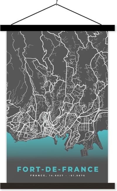 Posterhanger incl. Poster 40x60 cm - Schoolplaat - Kaart – Stadskaart – Frankrijk - Fort-de-France - Plattegrond - Textielposter - Zwarte latten - Stadskaart