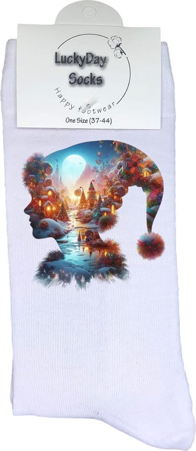 Kerstelfje - Opkikker - Grappige sokken - Valentijns cadeau - Verjaardag cadeau - Sinterklaas cadeau - Leuke sokken - Vrolijke sokken - Kerstfeest - Landschap - Kerst Sokken - Vaderdag - Moederdag - Kerstcadeau - Socks die Happy maken - Maat 37-44