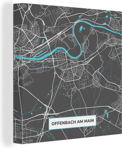 Canvas Schilderij Kaart – Plattegrond – Stadskaart – Offenbach am Main – Duitsland – Blauw - 20x20 cm - Wanddecoratie