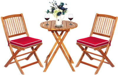COSTWAY 3-delige terrasmeubelset, inklapbaar, met ronde tafel en 2 stoelen, ergonomische zitset van acaciahout met 2 kussens, bistroset voor balkon, tuin, terras, achtertuin, rood