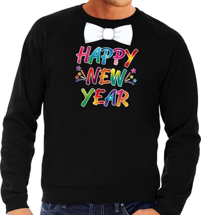 Oud en nieuw thema trui - Happy New Year - met vlinderdas - zwart - voor heren - Foute truien - Nieuwjaarsborrel kleding S