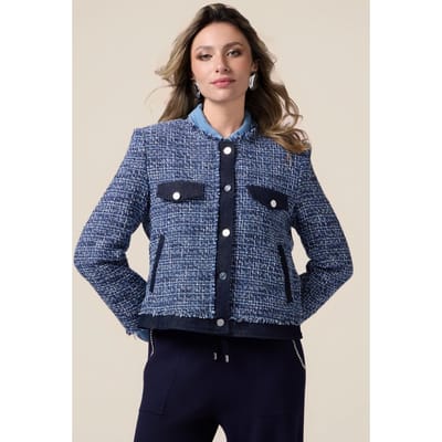 Oltre Tweed Jacket With Denim Details Blue Size: 46 | Cropped Jackets Outlet | Dames | Blauw