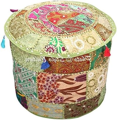 Poef Voetenbank - Zitkruk Ottomaan - Woonkamer Decoratie - Uniek Patchwork Ontwerp - 56x56x36 cm - Groen