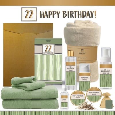 Geschenkset “22 Happy Birthday!” - 12 producten - 1910 gram | Giftset voor haar hem Tweeëntwintig jaar Cadeau Doos Luxe Wellness Douche Pakket Vrouw Man Speciaal Cadeaupakket Geschenk Verjaardag Party Gift Set Handdoeken Fleecedeken Beige Groen Goud