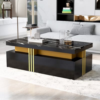 Modern rechthoekige salontafel met hoogglans 100x50x40 cm - met 2 lades - marmerlook tafelblad - zwart
