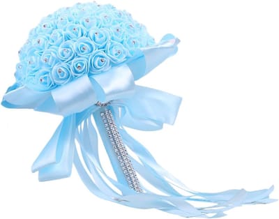 Bruidsboeket - Kunstbloemen Bruiloft - Romantische Decoratie - Handgemaakt Ontwerp - 19 x 21 x 19 cm - Blauw