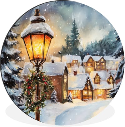 WallCircle - Wandcirkel - Muurcirkel - Kerstdorp - Huizen - Sneeuw - Kerst - Aluminium - Dibond - 30x30 cm - Binnen en Buiten