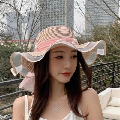 1PC Vrouwen Opvouwbare Floppy Strohoed Parel Zijden Lint Brede Rand Zonnehoed Strandpet Zomer Zonnescherm Vizieren UV Bescherming Reis Hoeden Emmer Caps roze