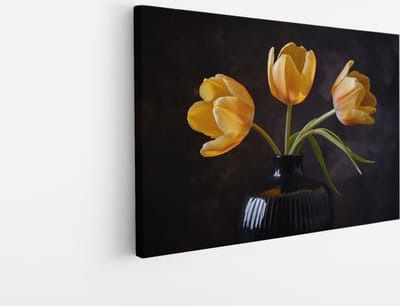 Saammp Canvas Schilderij - Gele Tulpen in Zwarte Vaas - Bloemen - 30x20 - Foto op canvas - Wanddecoratie - Muurdecoratie Woonkamer - Kantoor Decoratie