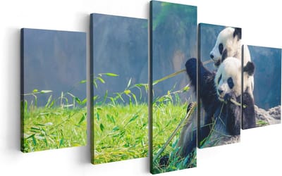 Artaza Canvas Schilderij Vijfluik Twee Panda's Eten Bamboe Riet - 100x50 - Foto Op Canvas - Canvas Print