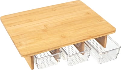 Bamboe Snijplank met 3 Uitneembare Bakjes – Multifunctioneel Keukenhulpje & Organizer – Voor Mise en Place, Voorbereiding & Serveerwerk – Duurzaam Hout – Bruin