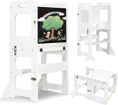 TopChoice® Leertoren Opvouwbaar - Keukenhulp - Kinderopstapje - 3 in 1 - Witt