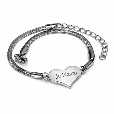 Armband met graveer, Armband met naam, Gepersonaliseerde hartarmband met naamgravure - zilverkleurig, Armband met naamplaatje ,graveerarmband