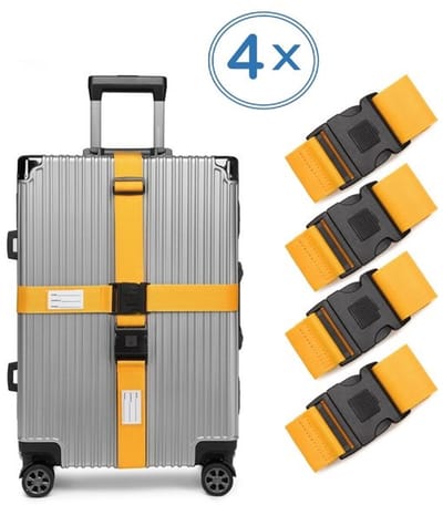4 x Kofferriem - Bagage Band - Luggage Belt - Bagage Gordel - met SlideLock en adreslabel - Afstelbaar - 200cm x 5 cm - 4 stuks -Geel